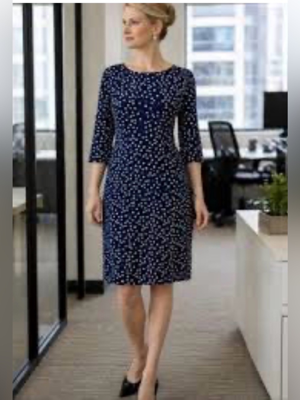 EUC Boden Ponte Polkadot Midi Dress. Size 10 Navy w Green/White Dots